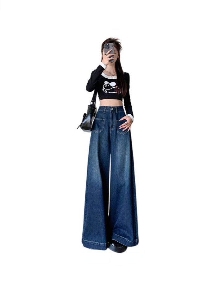 High-Waisted Wide-Leg Jeans for Women 2025 Spring New Loose Slimming Retro Drape Floor-Length Pants