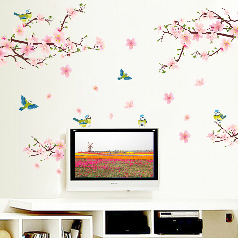 XL8051 Wholesale Warm Romantic Peach Blossom Bird Bedroom Living Room Sofa Decoration Removable Wall Stickers