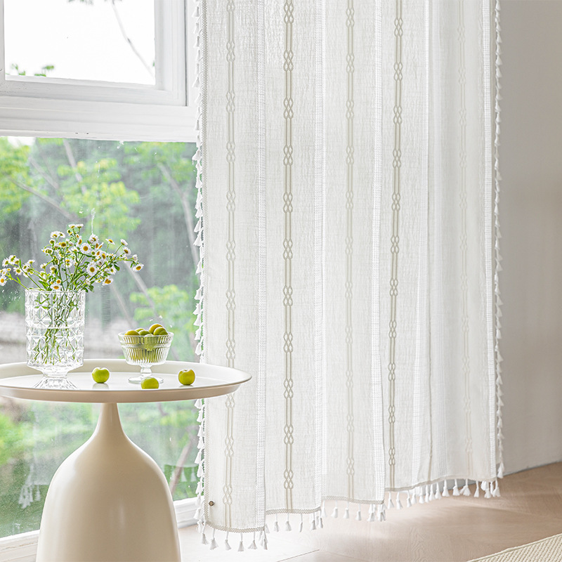 Picture of Cross-border exclusive for Nordic cotton and linen curtains multi-color solid color cotton and linen yarn semi-transparent bedroom living room floor curtains with yarn