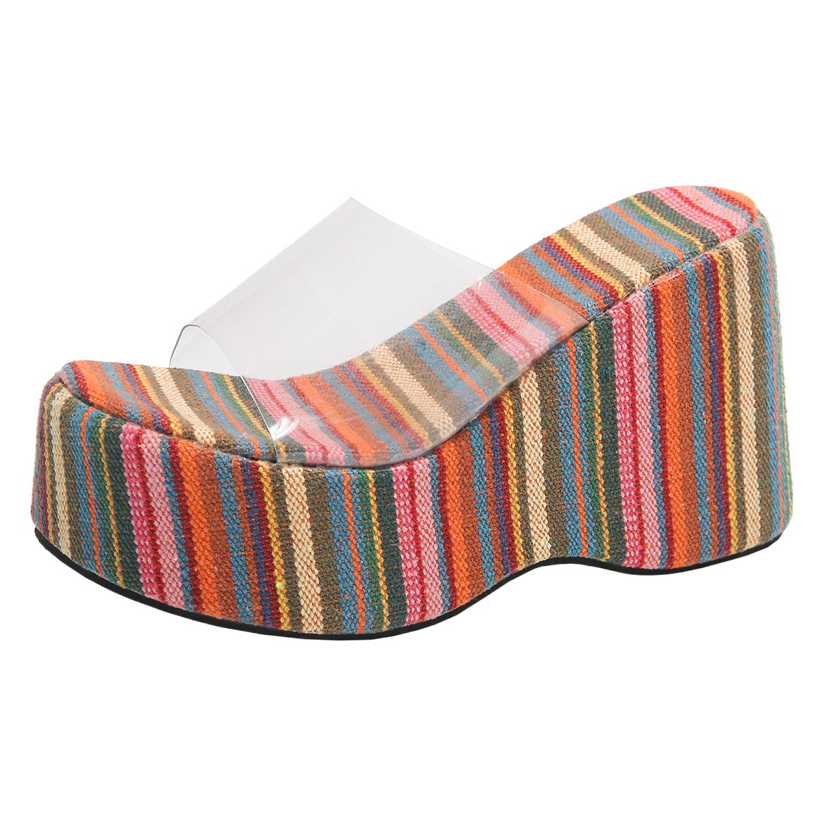 European and American Foreign Trade Thick Bottom Wedge Slippers Women's Cross-border High-heeled Solid Color Cloth Beach Slippers slippers