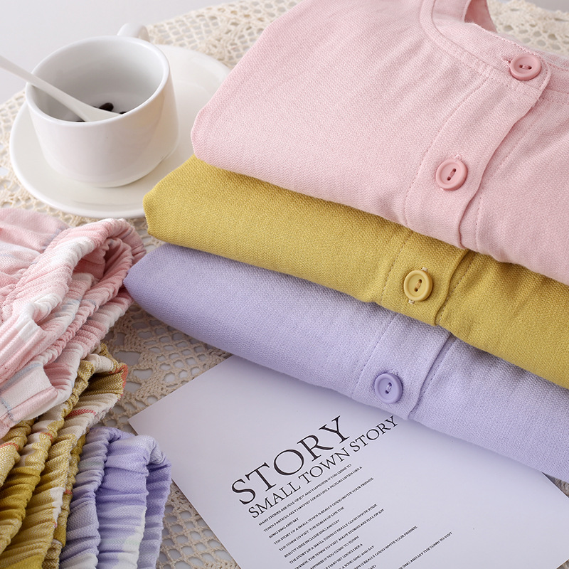 Picture of Spring and Autumn Thin Yarn-dyed Gauze Women's Pure Cotton Pajamas Suit Japanese Style Long Sleeve Pullover Plaid Exterior Wear