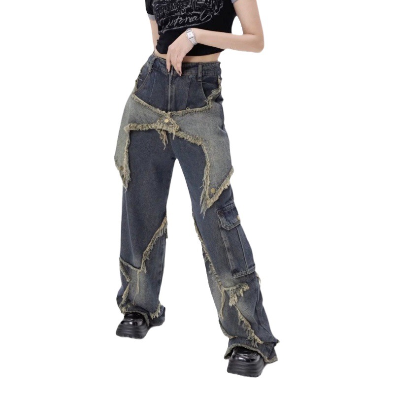 American Style Retro Fur Edge Wide Leg Cushion Jeans Women's Autumn and Winter Sense Straight Loose Distinctive Slim-fit Casual Pants