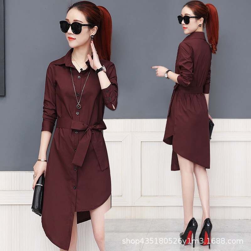 Spring and Autumn New Black Shirt Women's Long-sleeved Women's Sexy Lace-up Loose Slimming Shirt Dress Irregular Mid-length