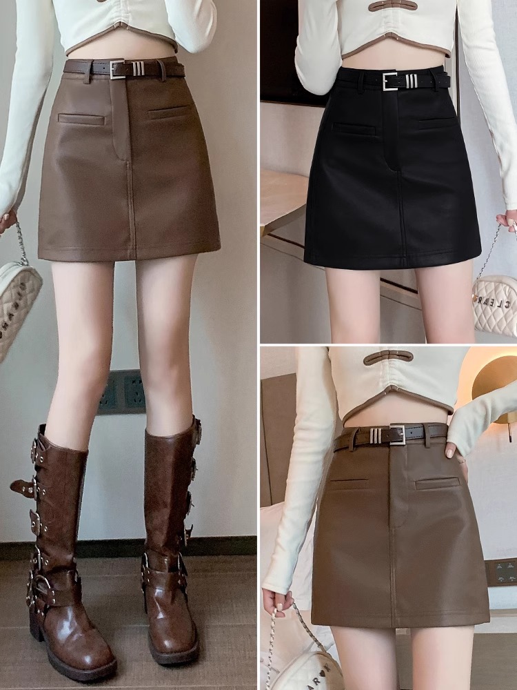 New plus size Autumn Korean Style High Waist Slimming All-match Hip Skirt Niche Solid Color Design Sense PU Skirt for Women