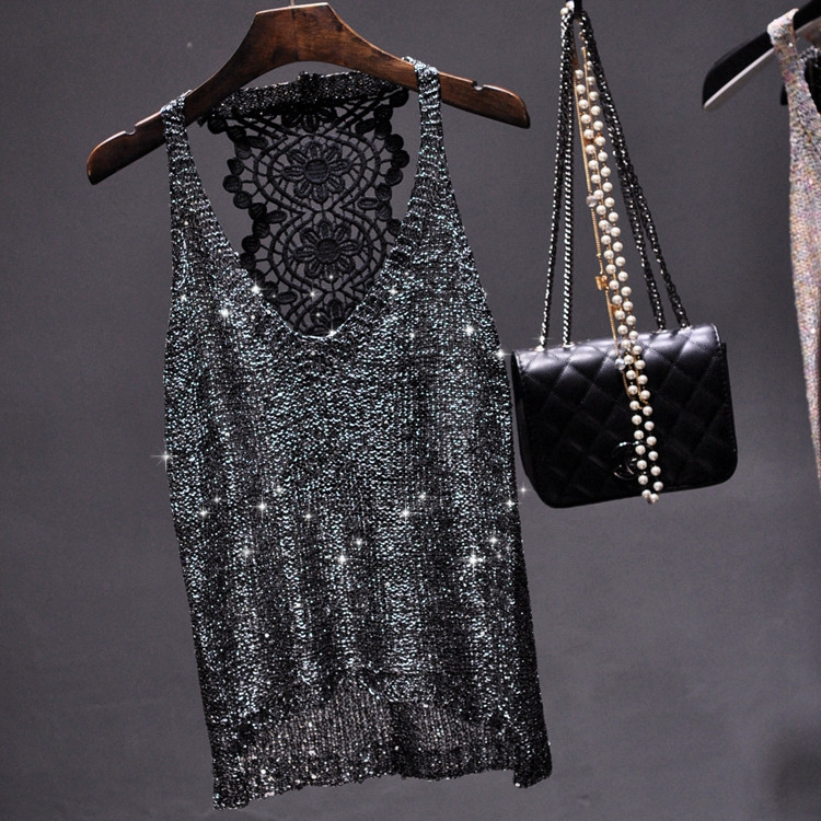 2020 Summer New European Station Sequin Sparkling Camisole Stitching Lace Sexy Back Neck Top