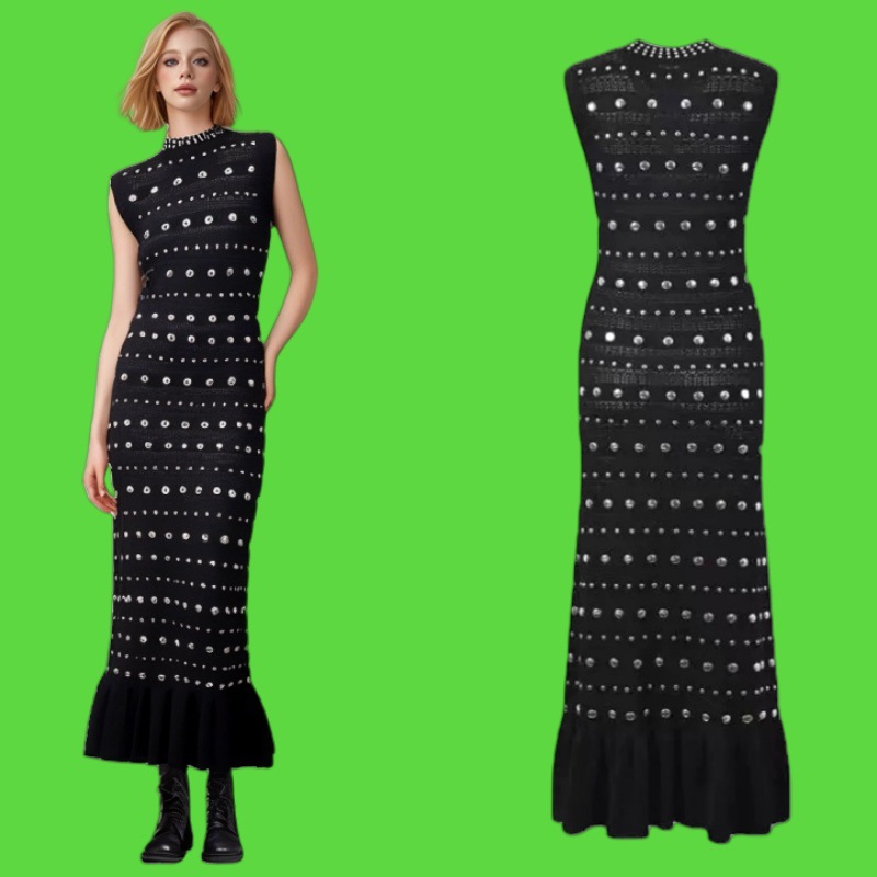 Cross-border Design Sense Heavy Industry Buckle Decoration Slim-fit Slimming Ruffled Stitching Hem Elegant Sleeveless dress