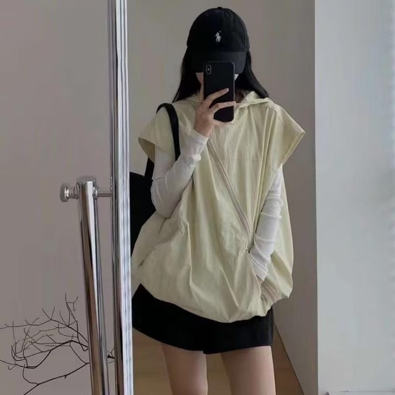 Cross-Border Functional Sun-Protective Windbreaker Vest for Women, Summer European Style, Diagonal Zipper Vest, Workwear, Urban Commuter Style