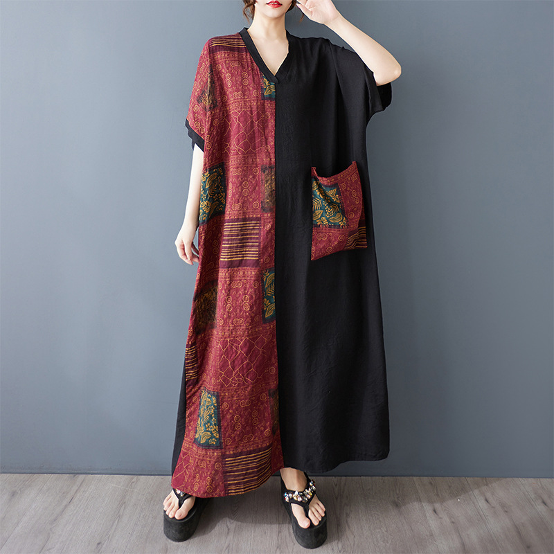 Plus Size Women's Summer New Cotton and Linen Slim V Neck Short-Sleeved Contrasting Color Stitching Extra Long Dress Skirt Length 133