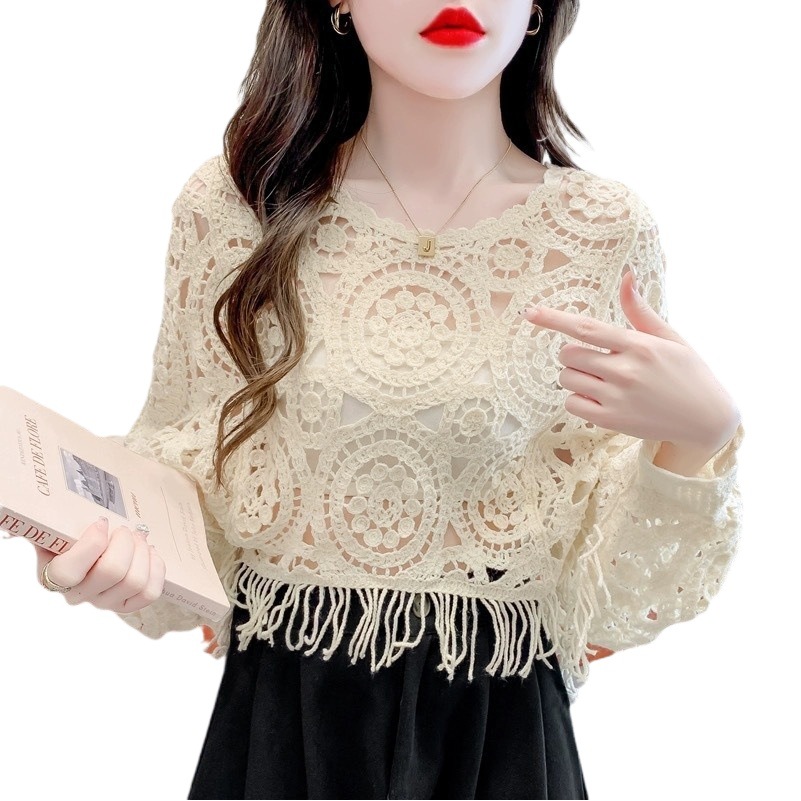 Picture of Retro ethnic style round neck tassel crocheted hollow batwing sleeve short pullover sweater blouse women's casual top
