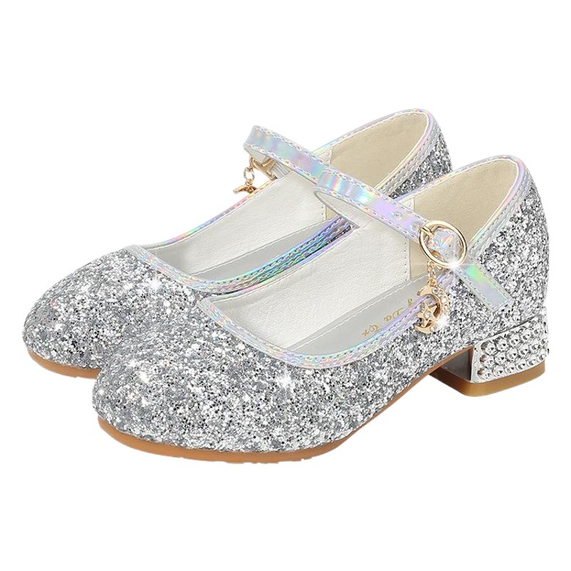 Girls High Heels All-match New Girls Shoes Fashion Show Performance Host Shoes Children's silver Crystal Princess Shoes