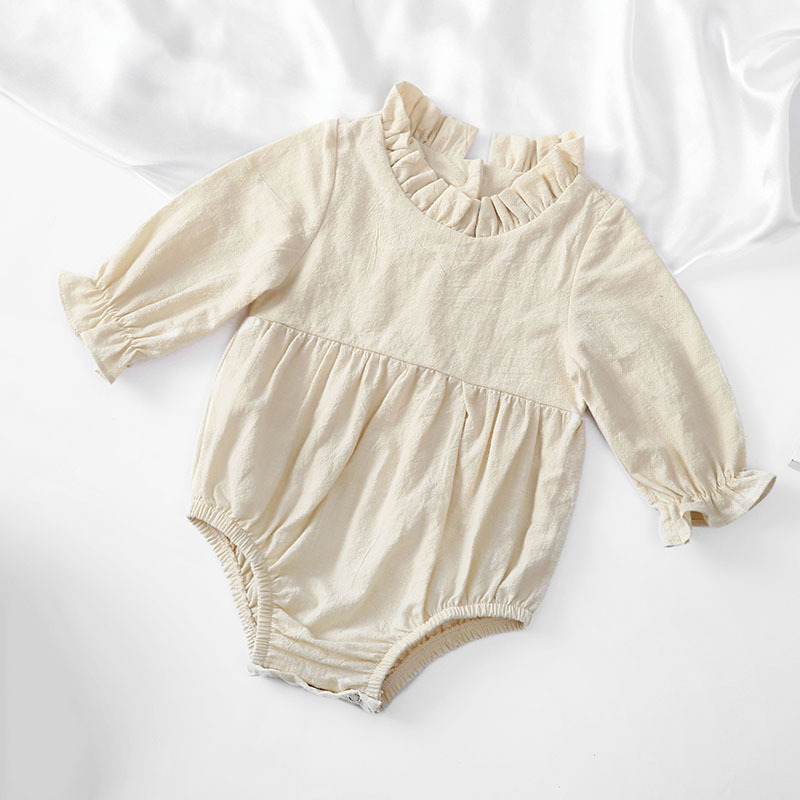 Picture of Cross-border New Long-sleeved Cotton and Linen Newborn Hatshirt Solid Color Flying Sleeve Lace Collar Baby Jumpsuit Children's Hatshirt