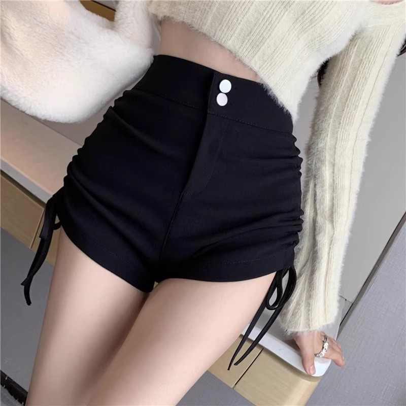 Spring and Autumn black ultra high waist side drawstring shorts for women 2023 Summer new sexy hot girl women's group all-match elastic