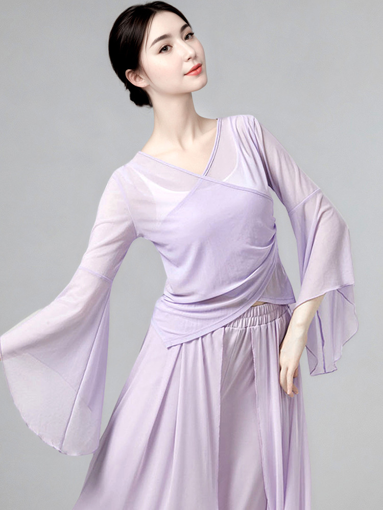 Classical dance gauze dress, long-sleeve flare-sleeve top, modern dance, Chinese dance practice performance, body rhythm training uniform, adult wear