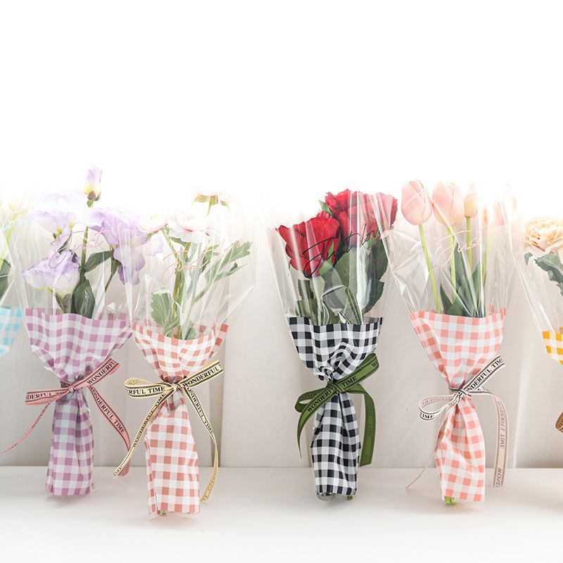 Plaid bouquet bag transparent English multi-bag plaid bag rose flower packaging bag floral packaging materials