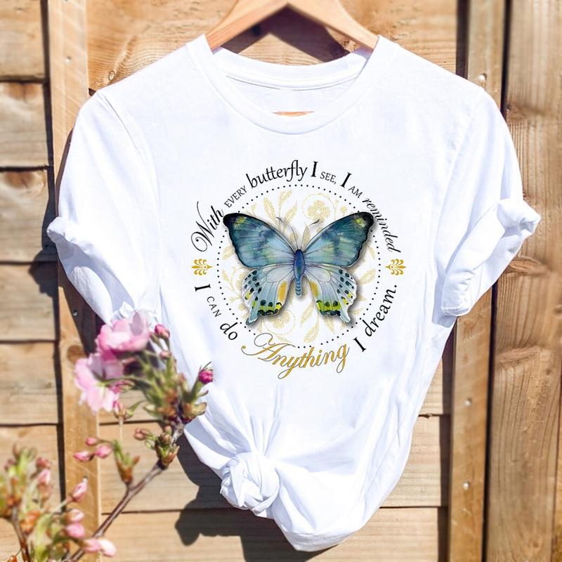 2023 Butterfly Dandelion Shrimp Crewneck Printed White T-shirt Short Sleeve Women's Foreign Trade Cross-border ebay Amazon