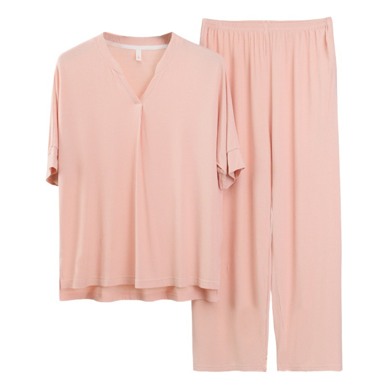 2022 Summer New Modal Pajamas Women's Solid Color V-neck Casual Outwear Short-sleeved Pants Set