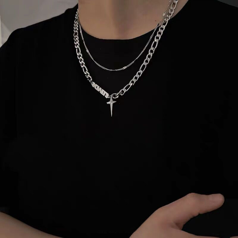 Double-layer stacked Awn star pendant necklace for men and women cold style niche design titanium steel clavicle chain hip hop all-match necklace