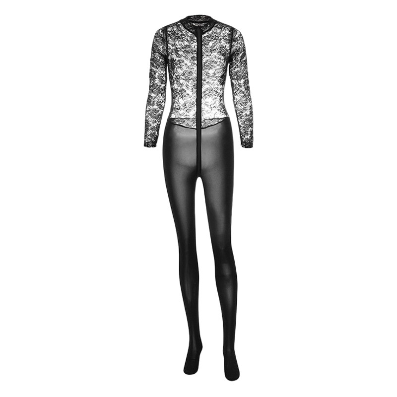 New sexy lingerie women's sexy lace see-through up and down double-headed zipper open crotch tight plus size off-free jumpsuit