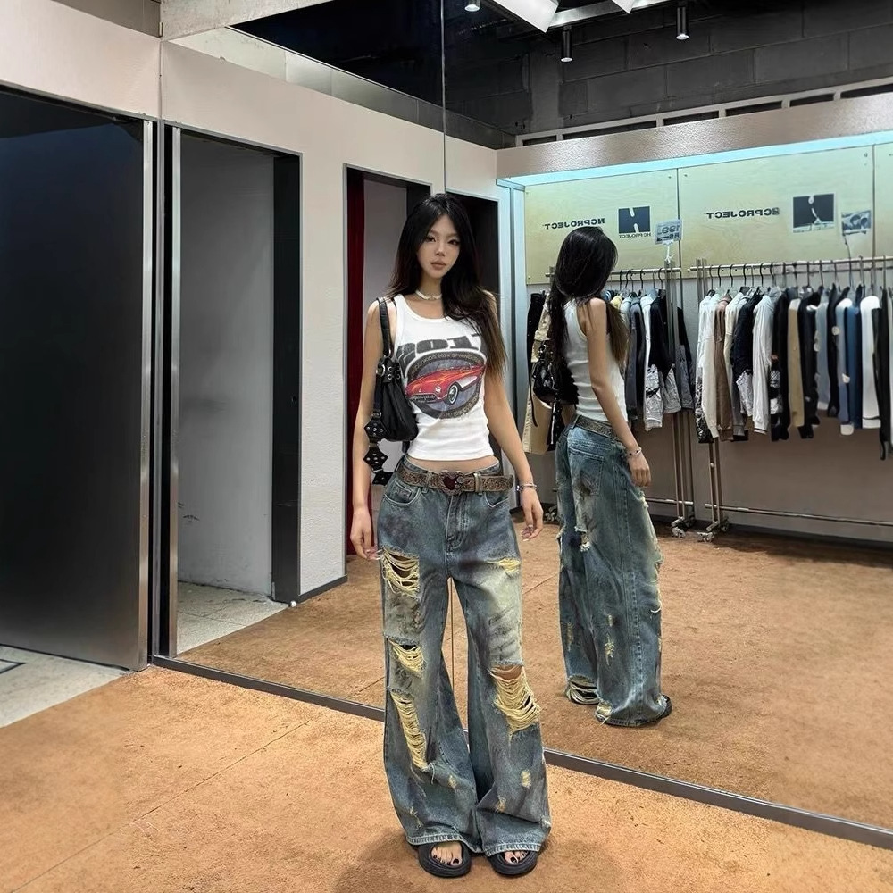 [Non-Real Shot] Wasteland Style Graffiti Hole 2025 Summer American High Street Design Scimitar Loose Jeans