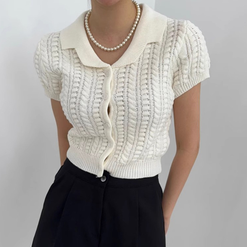 Korean chic Summer New Style Retro Elegant Lapel Slim Versatile Twist Pattern Short-sleeved Knitwear Top for Women