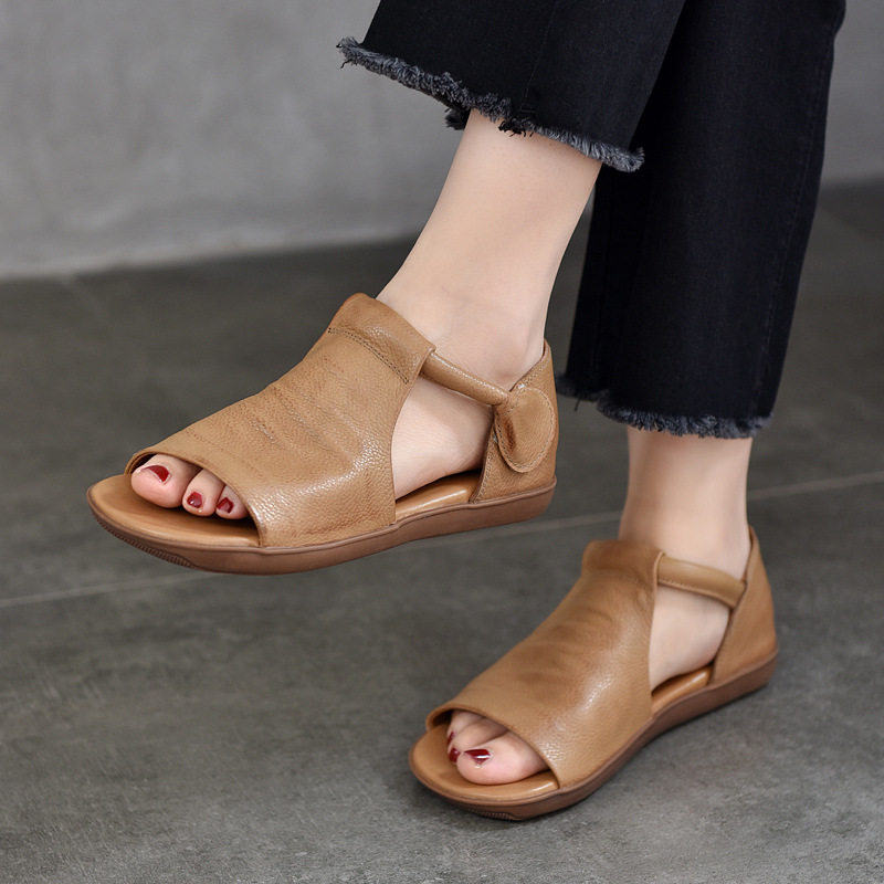 Summer Hollow Women's Sandals Genuine Leather Flats Soft Sole Low-Top Roman Shoes 2025 New First-Layer Cowhide Open-Toe Sandals