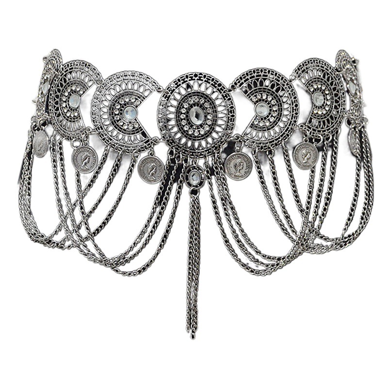 New rhinestone inlaid waist chain women's fashion retro style hollow chain tassel head coin long waist chain