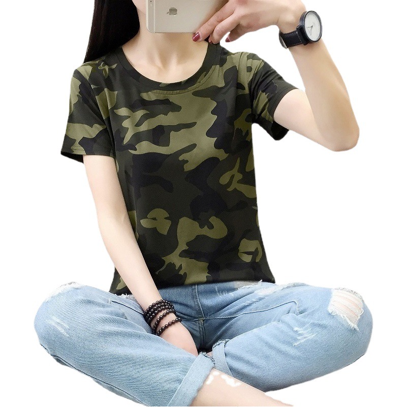 2025 Summer New Korean Style Short-Sleeved T-Shirt Women's Printed Student Loose Camouflage Tops Women's Cross-Border Wholesale