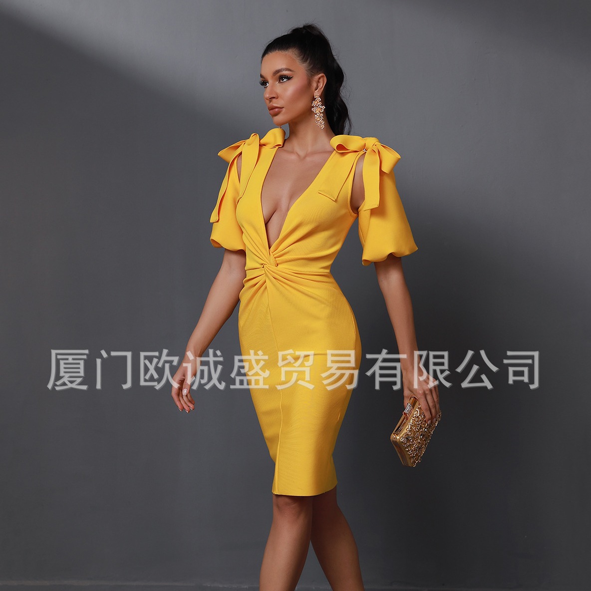 European and American Fashion Cross-border Sexy Women's V-neck Kink Pleated Bow Hip Bandage dress