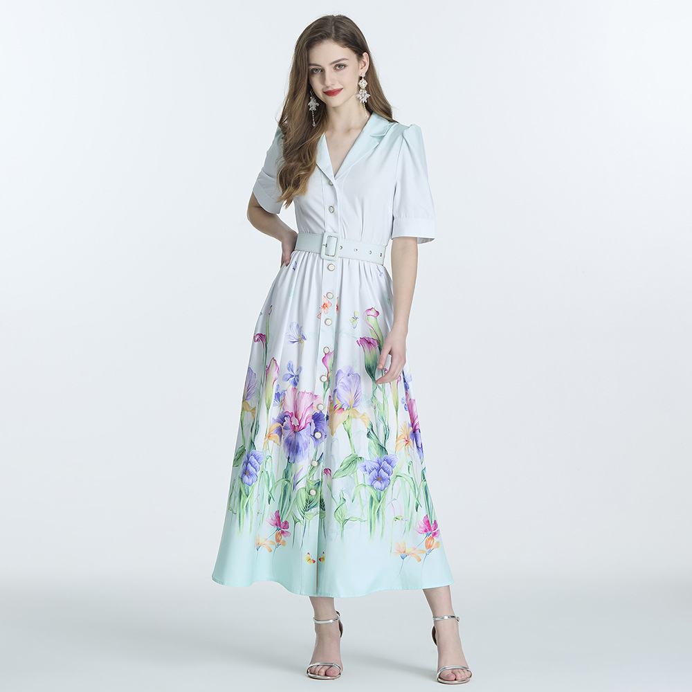Picture of Original design -2024V-neck painted printed short sleeve waist frock flounced skirt