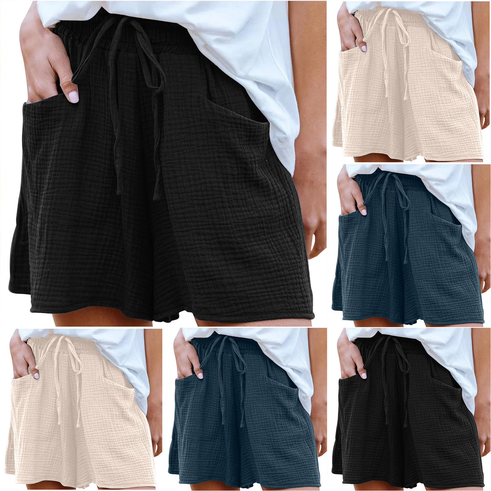 Amazon European and American Cross-Border Women's 100% Cotton Solid Color Loose Casual Elastic Waist Tie Shorts Women's Clothing