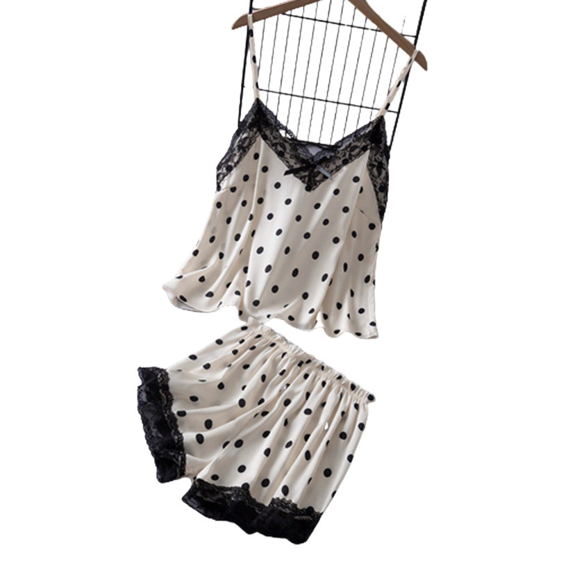 Summer New Style Women's Home Clothes Sling Shorts Set Ice Silk Comfortable V-Neck Wave Dot Pajamas Live Daifa