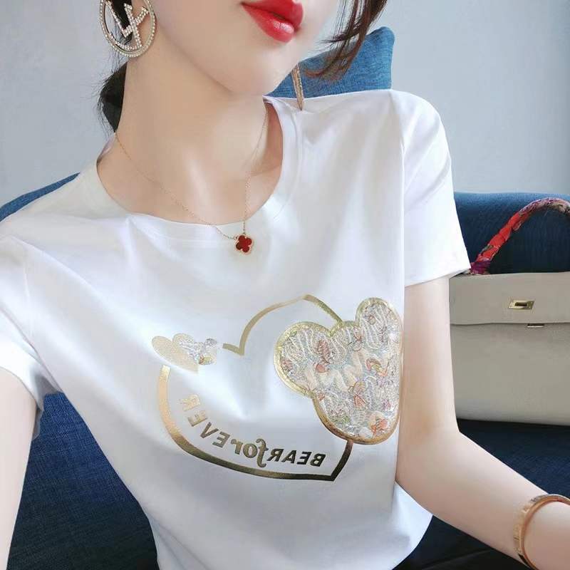 White Short-Sleeved T-Shirt for Women Spring 2025 New Design Niche Gold Printed Round Neck Short-Sleeved Shirt Top