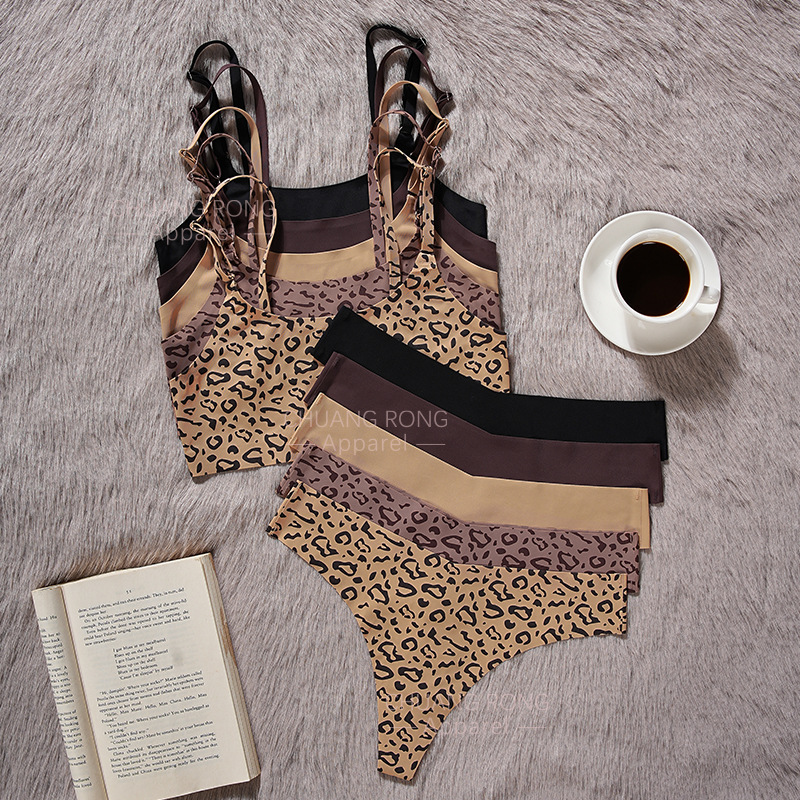 Picture of plus size sexy bra suit women's ice silk seamless no steel ring small chest gathered leopard print women's underwear suit