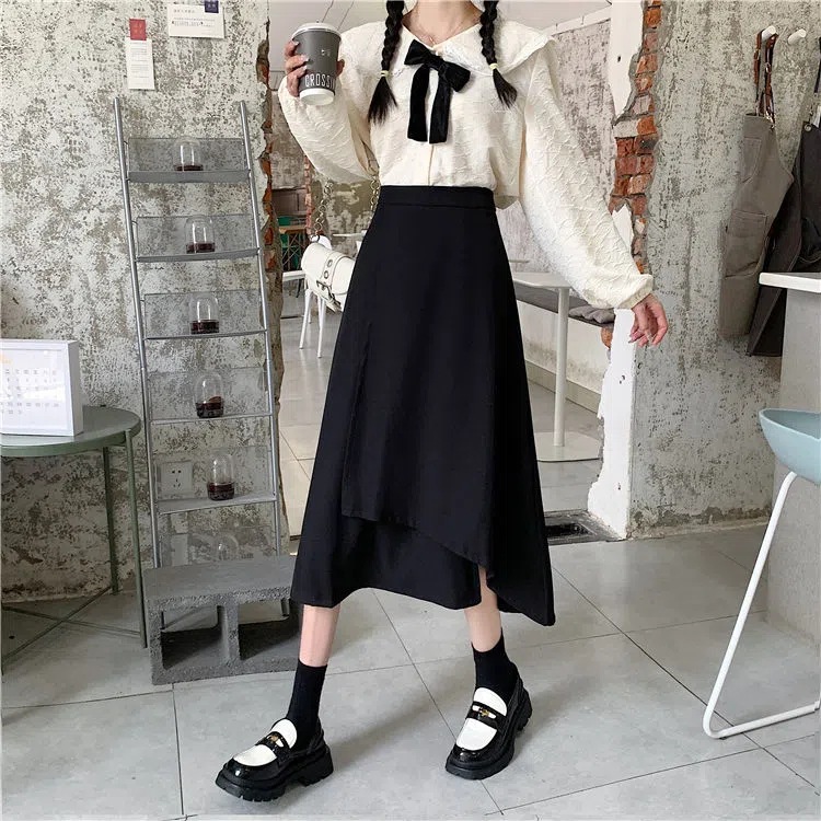 Picture of 2023 Autumn and Winter plus size chubby girl Mid-length Skirt Women's High Waist All-match Hip Covering A- line Skirt Black Hip Skirt