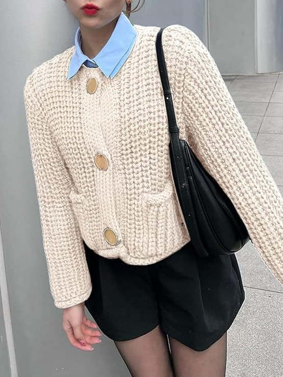 Cross-Border European and American Women's Clothing New Autumn and Winter Amazon Shein Round Neck Short Knitted Jacket Metal Button Sweater N