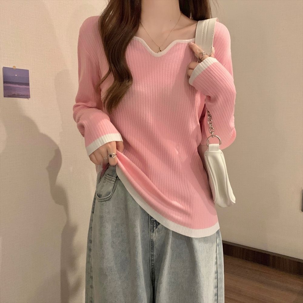 Picture of Large Size Sweater Women's 2022 New Autumn Design Contrasting Color Square Collar Clavicle Base Shirt Slim Shirt