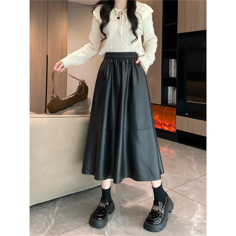 2024 autumn and winter new Korean fashion high waist slimming mid-length umbrella skirt women's temperament PU leather skirt skirt