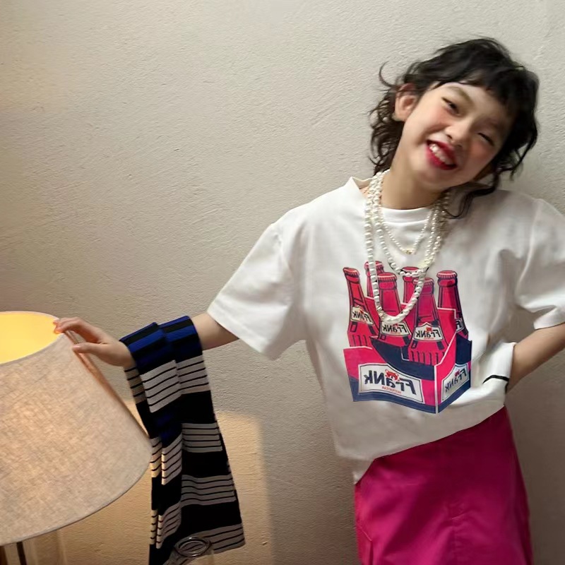 South Korea children's clothing boys and girls cotton T-shirt 2023 Summer new Korean style girl BF style mid-length short-sleeved skirt fashion