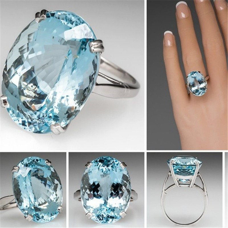 European and American Fashion Best Selling Engagement Proposal Goose Egg Diamond Ring with Sea Blue Topaz Ring Jewelry