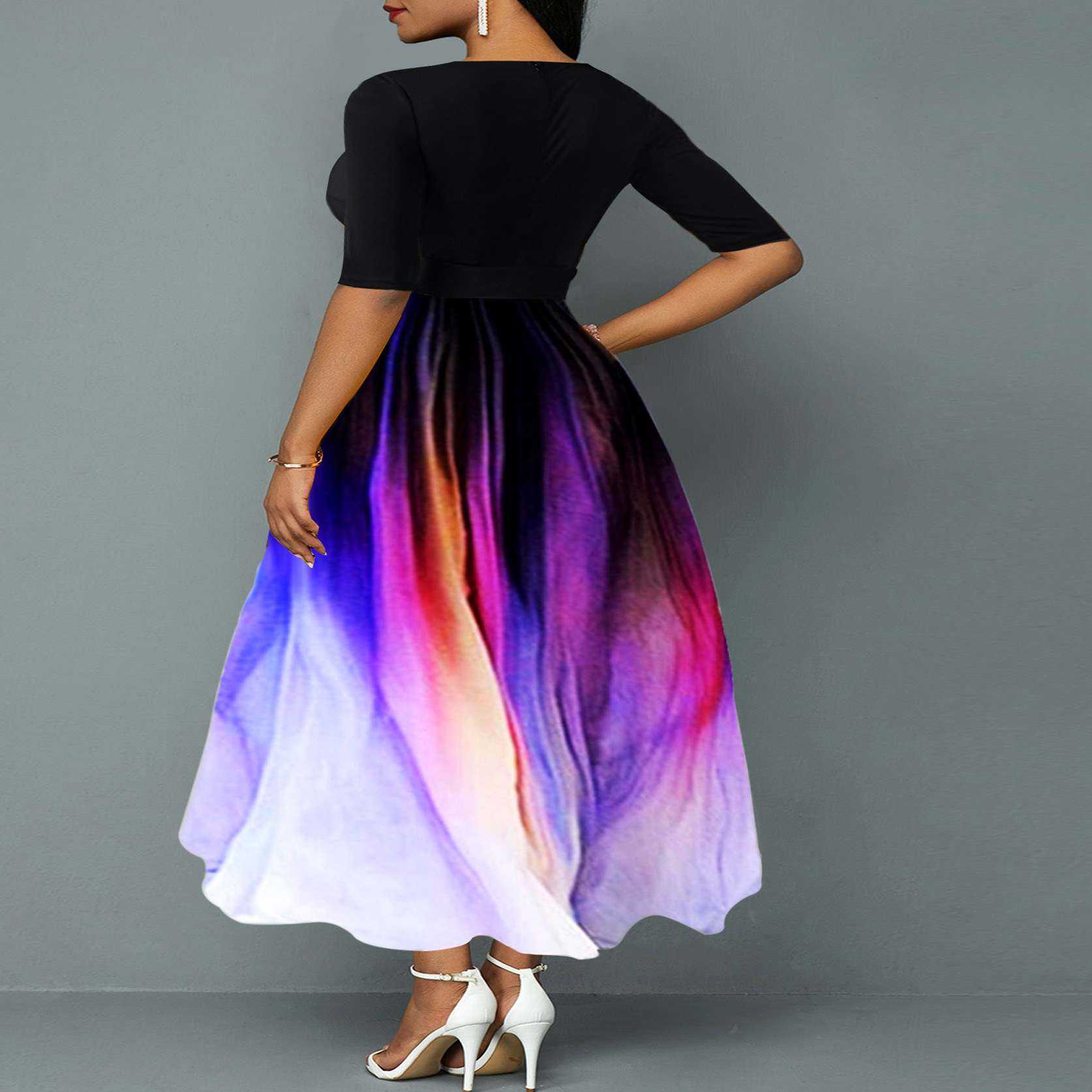 2023 European and American Cross-border Amazon Printed Slim-fit Elegant Mid-sleeve Belt plus size dress Sexy Stitching Long Dress