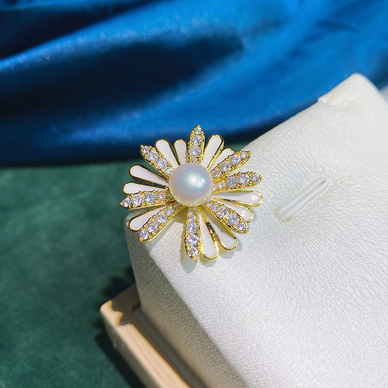 Picture of [DIY accessories] copper gold-plated zircon Daisy sunflower stab pin brooch collar pin 7-8mm Pearl chest receptacle