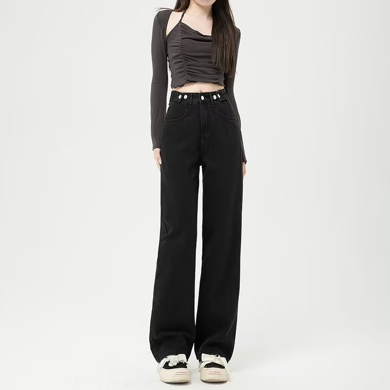 Picture of Black small wide-leg jeans women's straight loose autumn and winter 2023 new high waist drape slimming mop pants