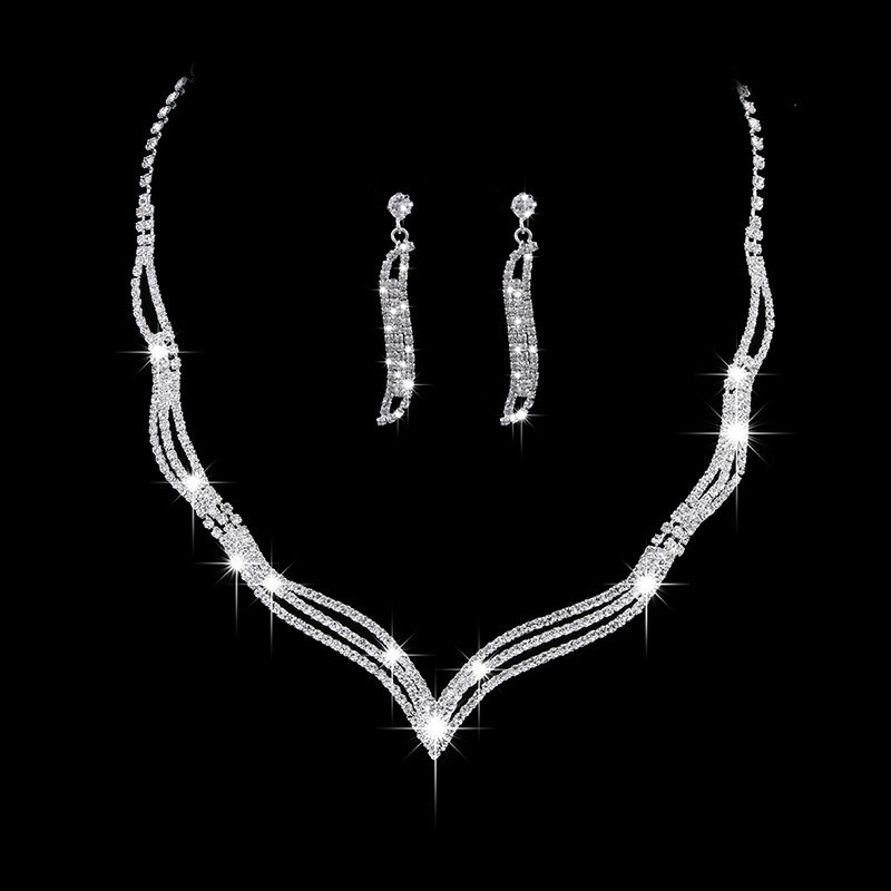 Picture of South Korea Metal Claw Chain Rhinestone Wedding Necklace Bride Necklace Ear Drop Jewelry Banquet Necklace Jewelry suit Wholesale