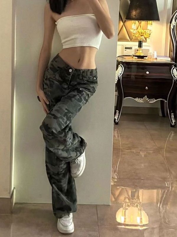 Picture of Camouflage Tooling Straight Jeans Women's Spring and Summer American Style Retro Loose All-match High Waist Slimming Wide Leg Pants