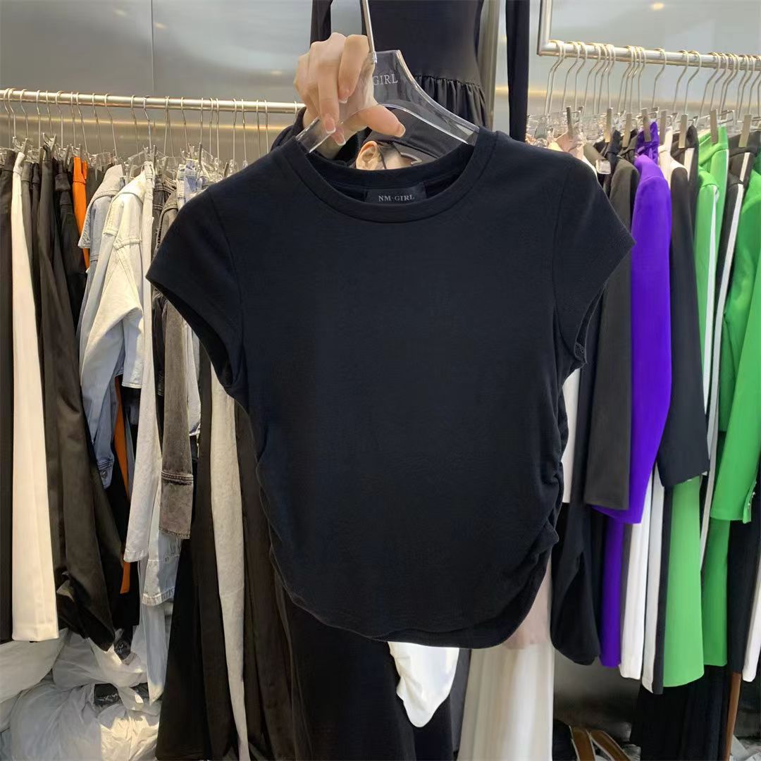 Picture of Ins Spice Girls Pure Wants Tight Waist T-shirt Short Sleeve Women's Summer New Solid Color Base Pullover Slim Fit Top Women's Fashion Wholesale