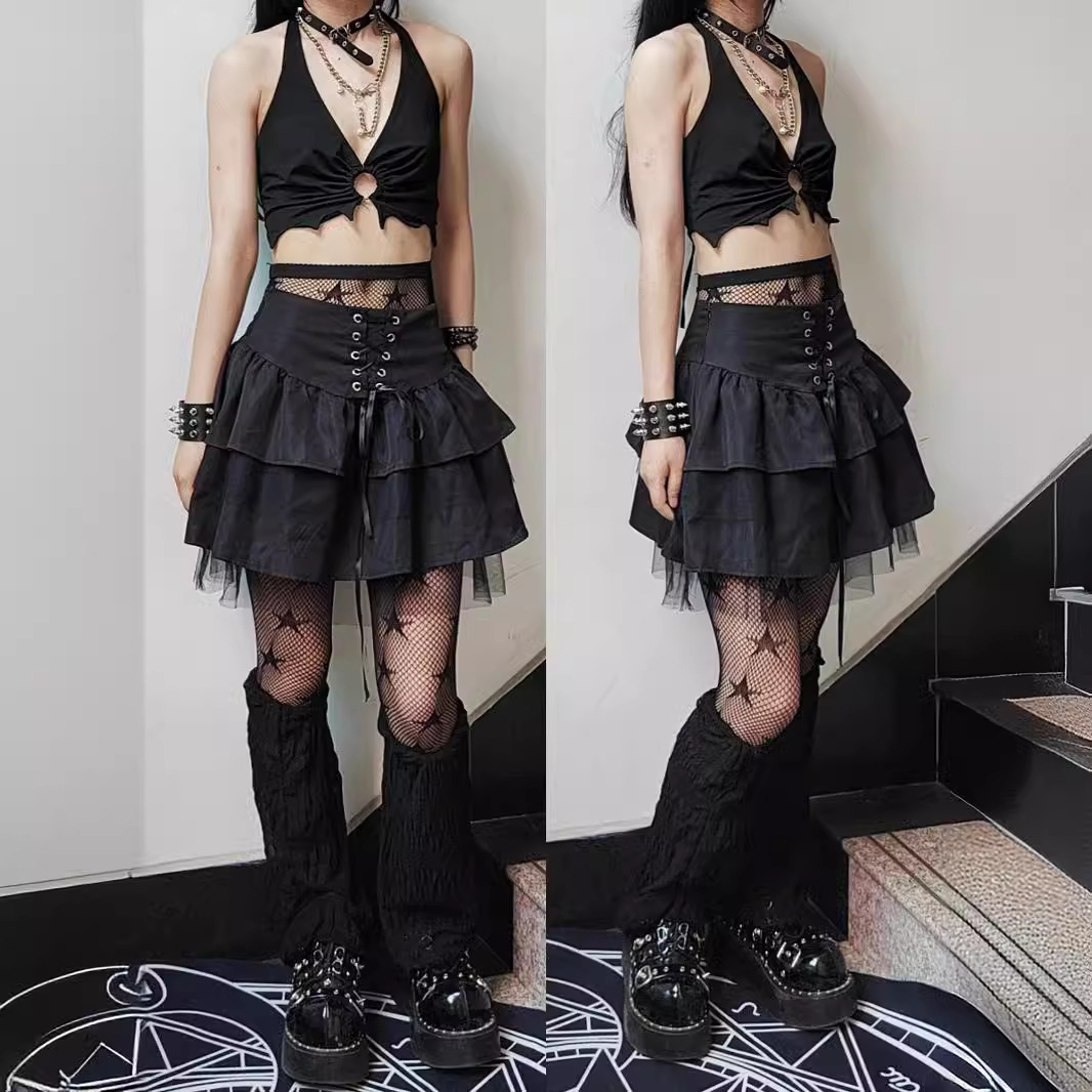 2025 New Millennial Hot Girl Lace-Up Puffy Skirt Women's Dark High Waist Short Slim Cake Skirt