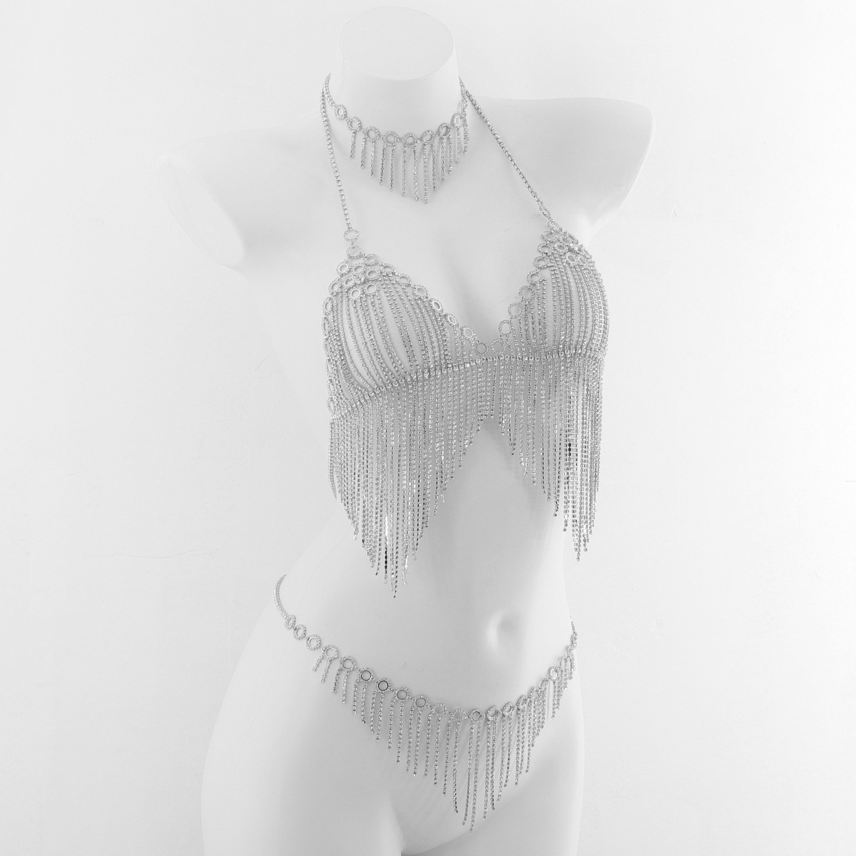Luxury nightclub party shiny diamond chain geometric tassel chest chain suit bikini bra body chain necklace