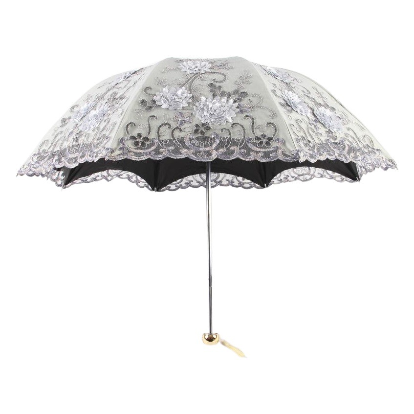 New folding umbrella embroidered lace double-layer vinyl three-fold umbrella UV protection sun umbrella sunny umbrella factory outlet