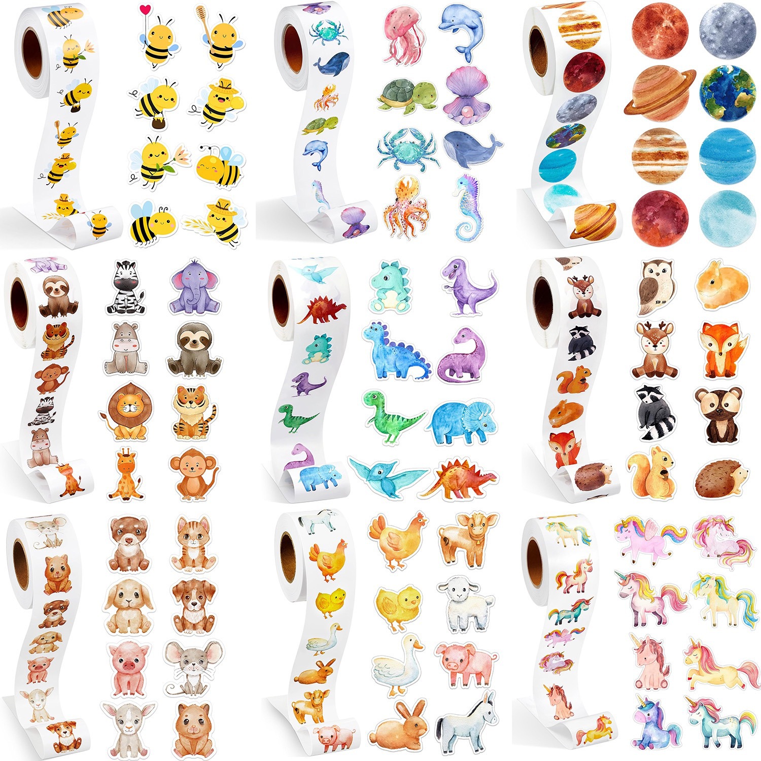 Cute Cartoon Dinosaur Dolphin Planet Stickers Kidsren's Educational Picture Recognition Labels Round Stickers