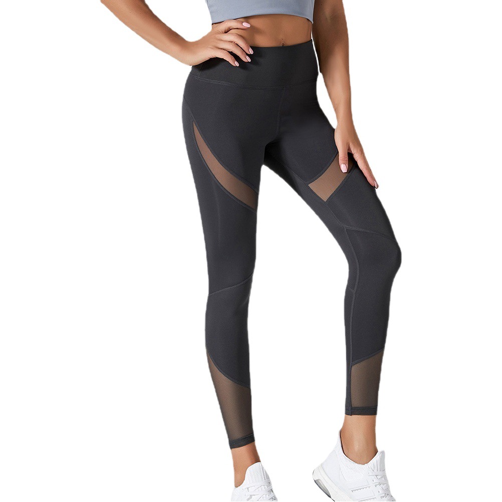 Yoga Pants European and American Cross-border Peach Hip Pants Women's High Waist Mesh Stitching Stretch Sports Tight Pants Hip-lift Fitness Pants